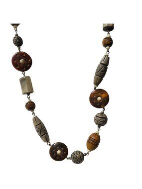 Vintage Wooden Bead Necklace Carved Tribal Patterns Earthy Tones Boho Jewelry